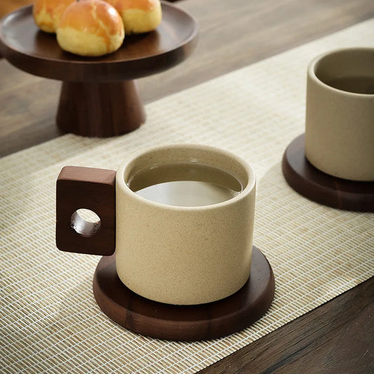 Bahari Mug - Sand-Colored Ceramic Mug with Wooden Handle and Plate | Ebora Home