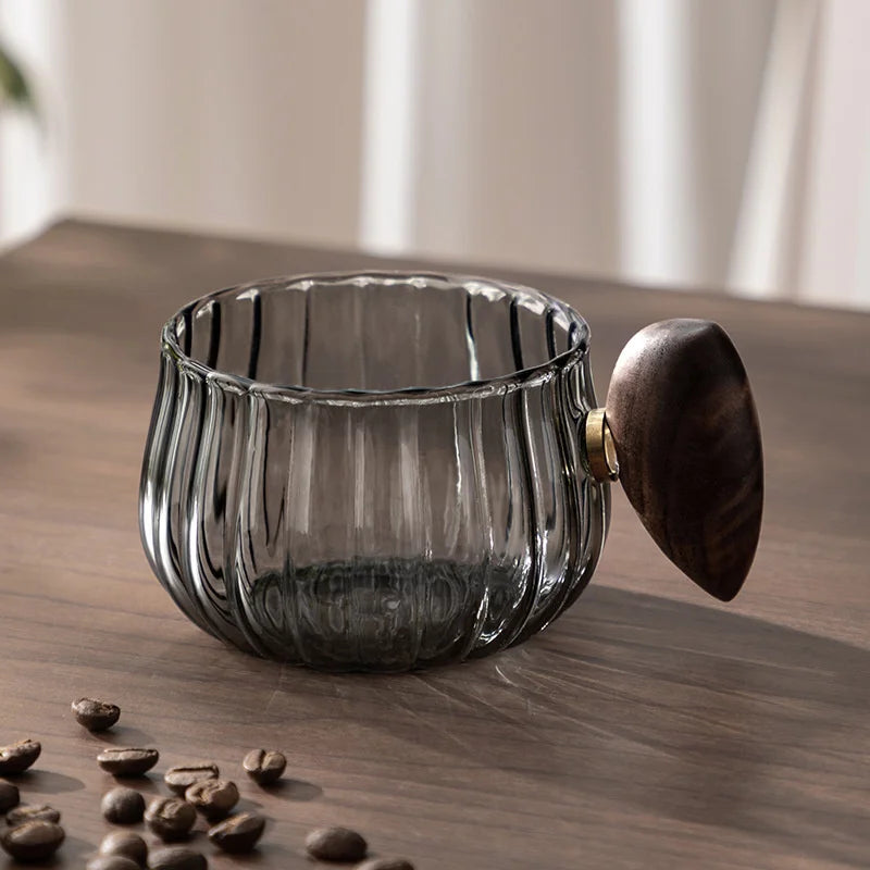 Chana Mug - Glass Mug with Wooden Handle and Rippled Design | Ebora Home